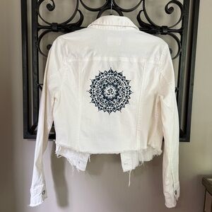 White Denim Jacket with Navy Handpainted Mandala Design